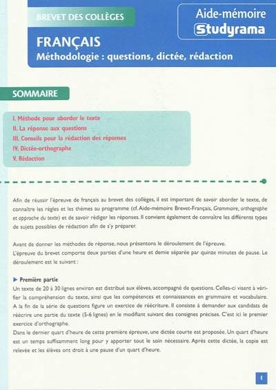 Français : méthodologie : questions, dictée, rédaction