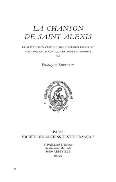 La chanson de saint Alexis La chanson de saint Alexis