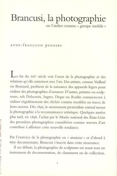 Brancusi, la photographie ou L'atelier comme groupe mobile Brancusi, la photographie ou L'atelier comme groupe mobile
